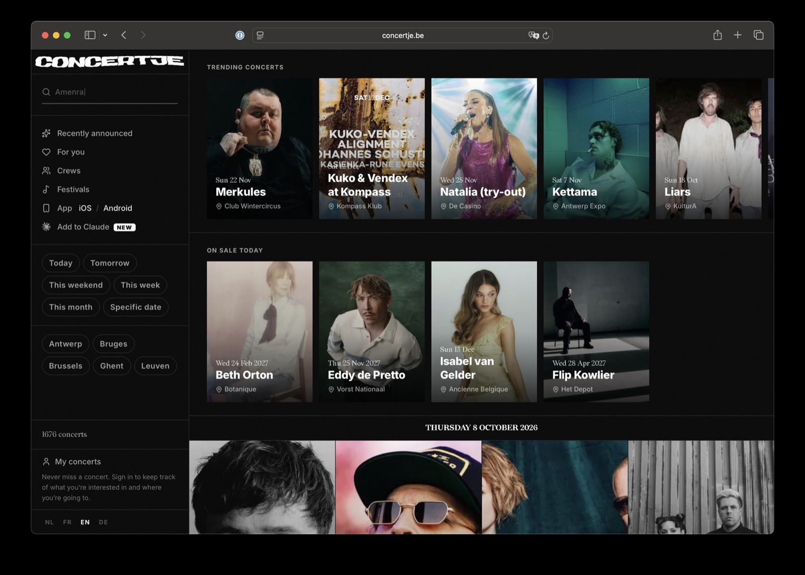 The concertje homepage, with the Trending concerts lane at the top and On sale today below it