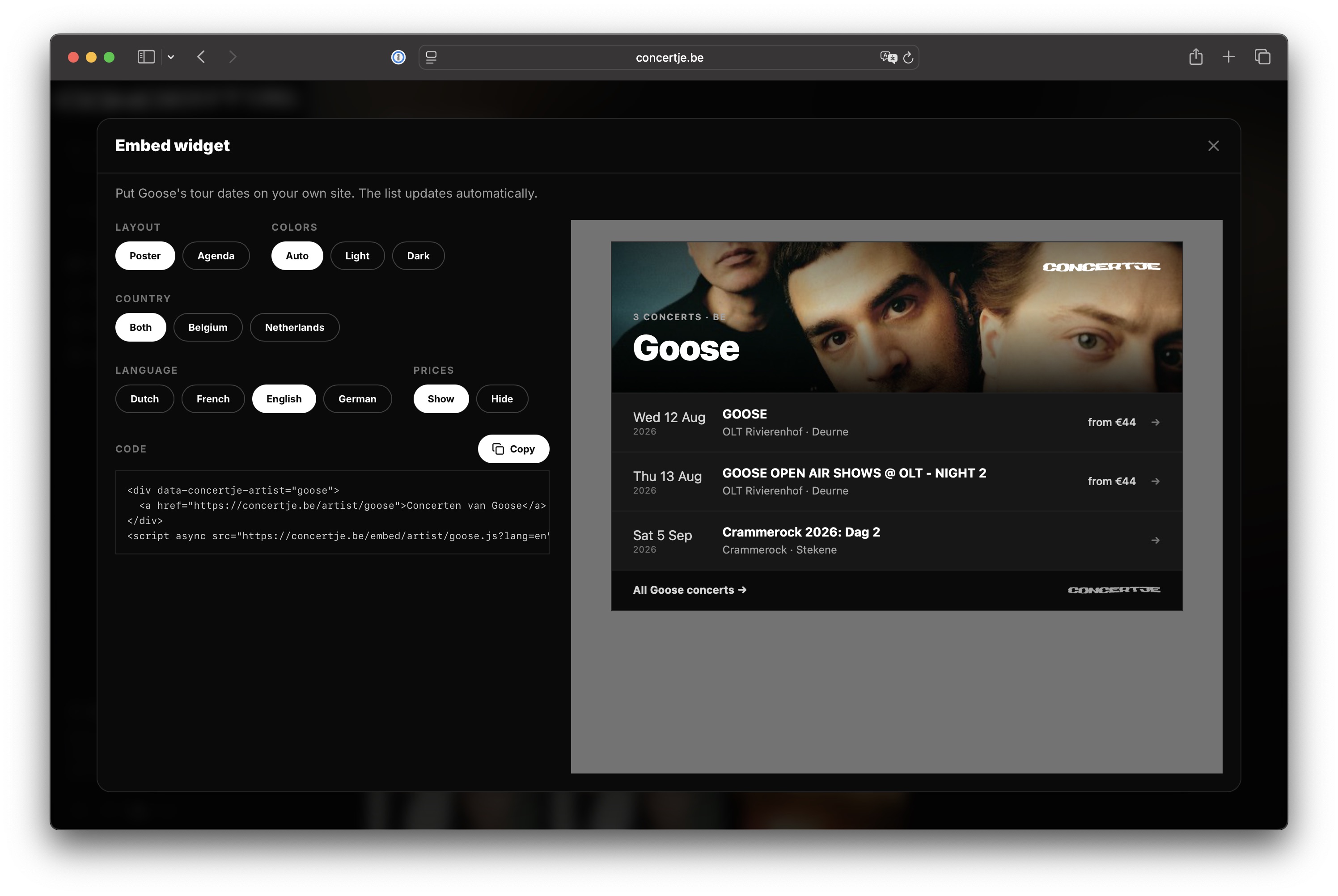 The concertje embed widget builder, with layout, colour, country, language and price options next to a live preview of Goose's tour dates