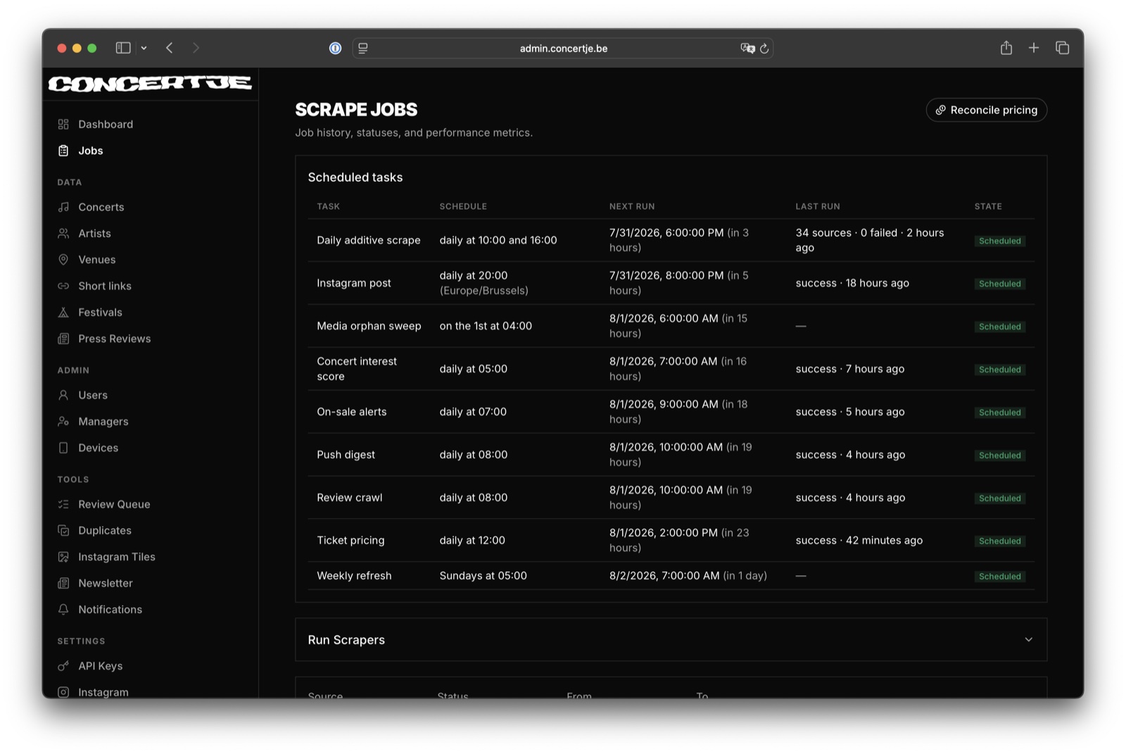 The scrape jobs dashboard, showing scheduled tasks with their next run, last run, and state