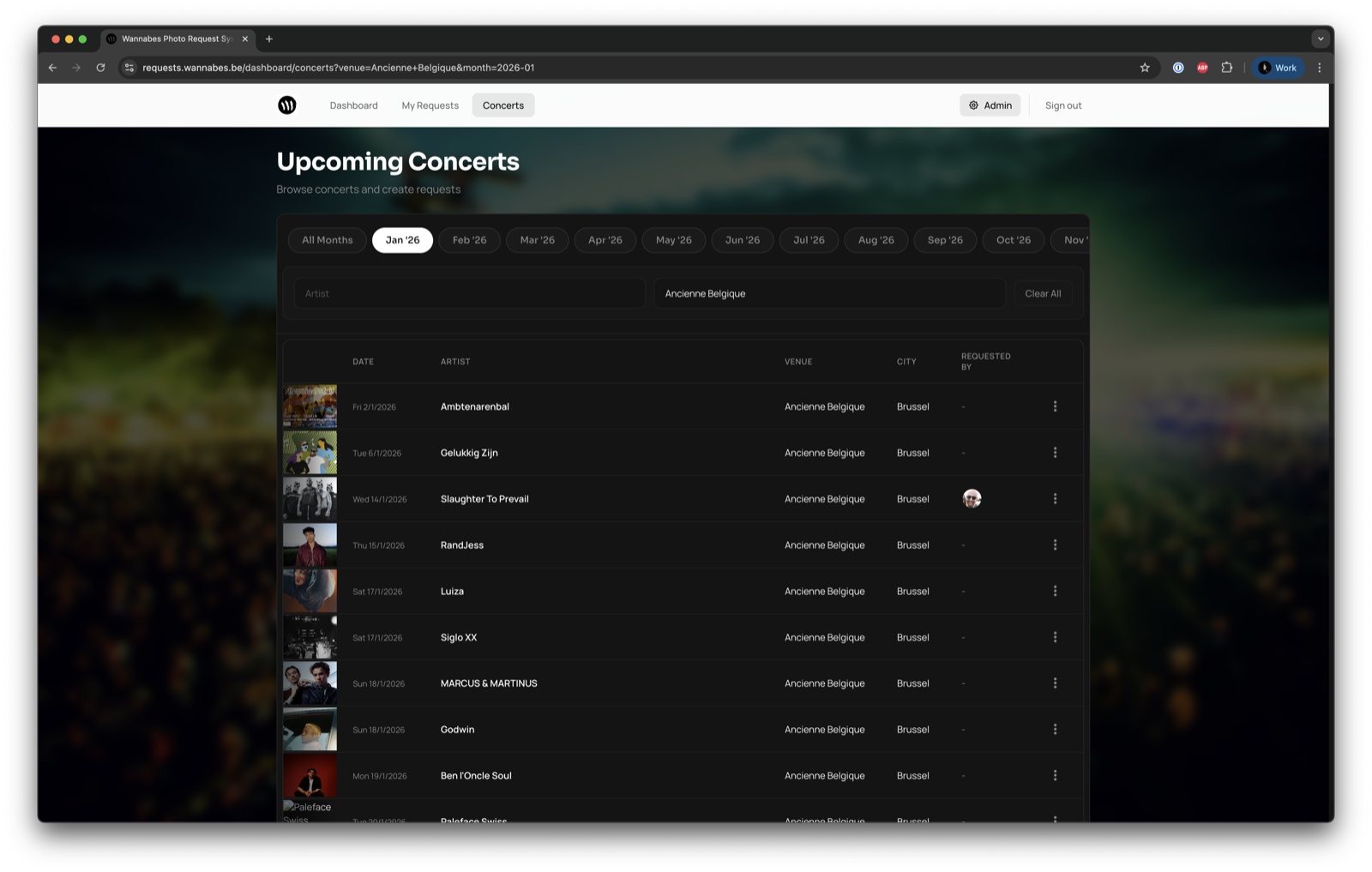 Concert dashboard showing upcoming shows
