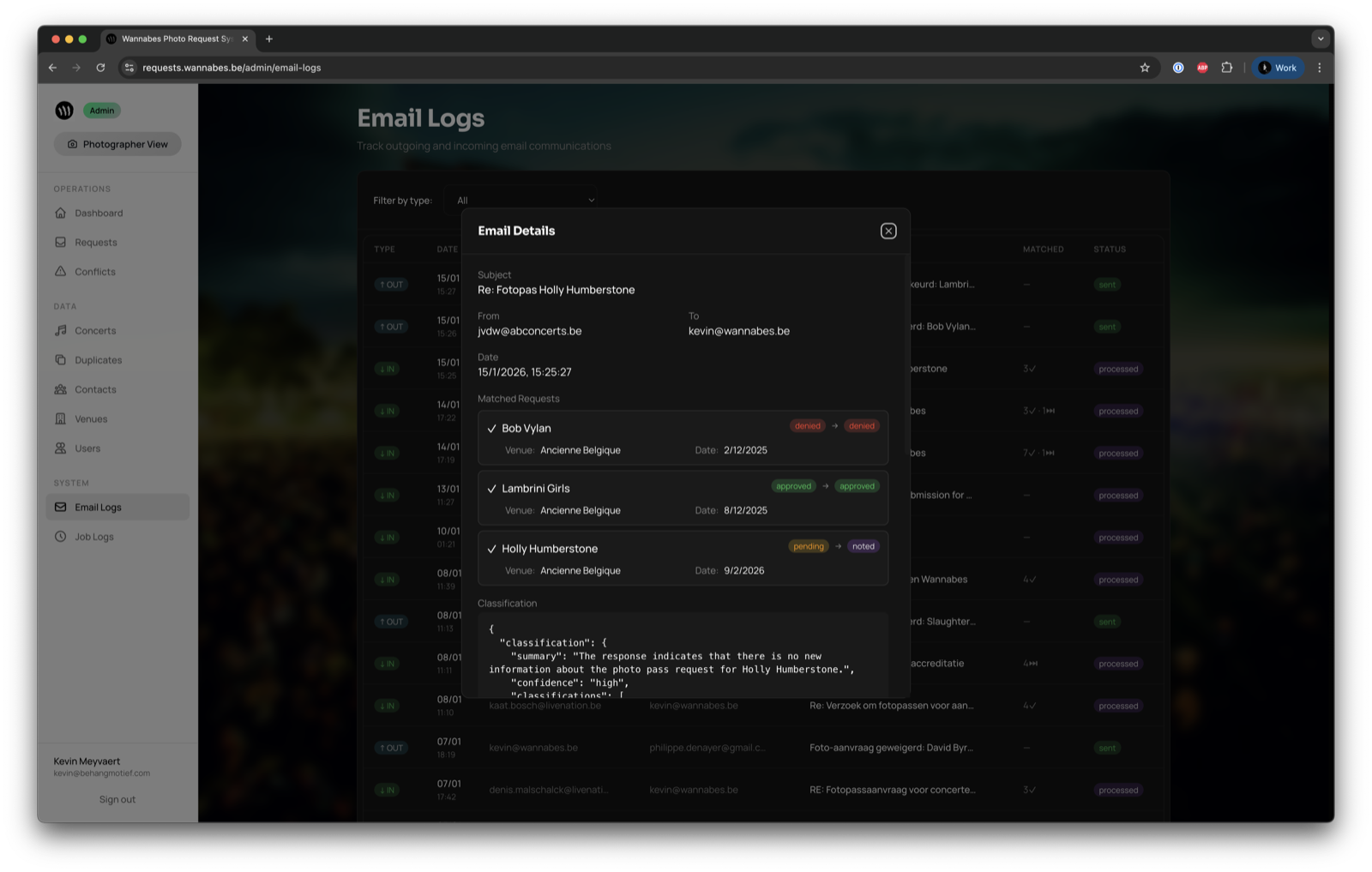 Email logs dashboard