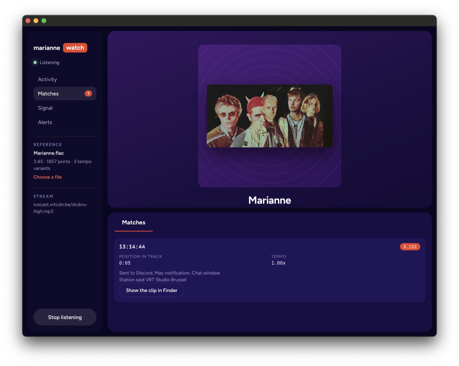 The marianne watch app listening to the Studio Brussel stream, showing a match at 13:14:44 with a score of 0.152, five seconds into the track