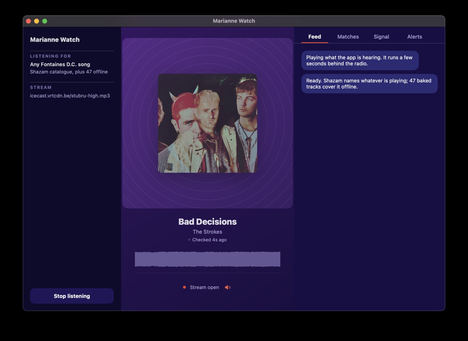 The app listening to Studio Brussel, showing The Strokes - Bad Decisions as the current track