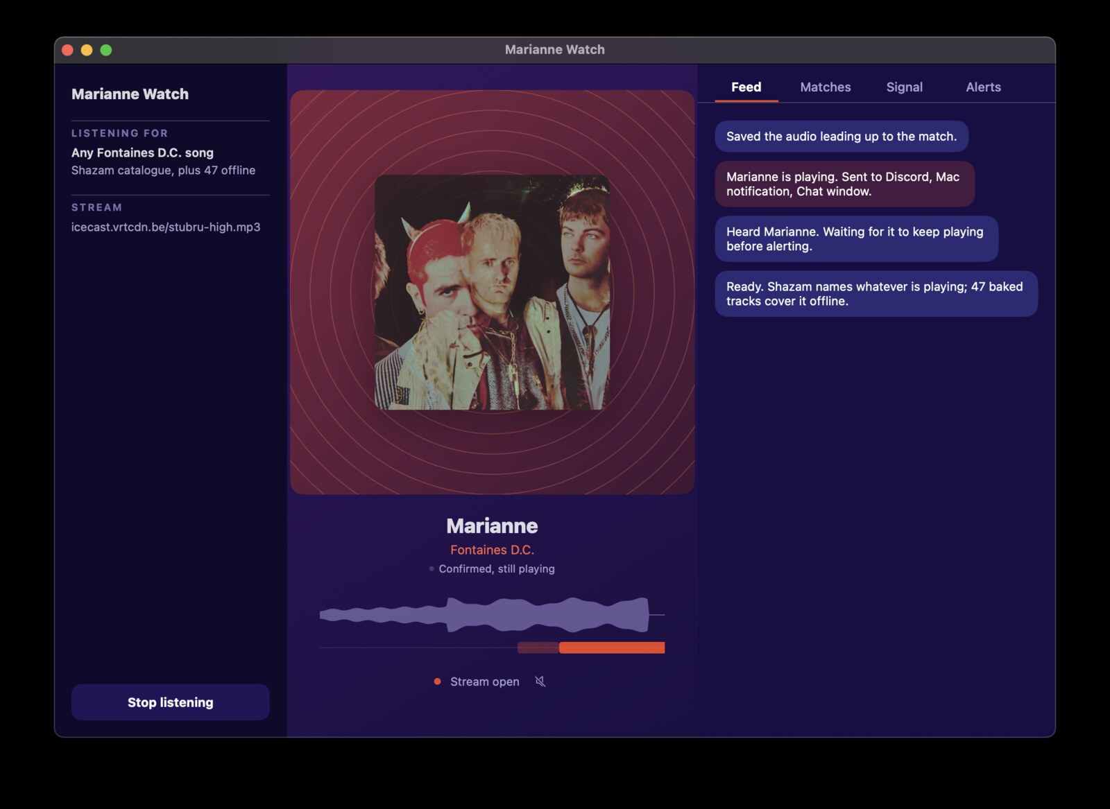 The app with the rings turned red, showing Marianne by Fontaines D.C. confirmed and sent to Discord