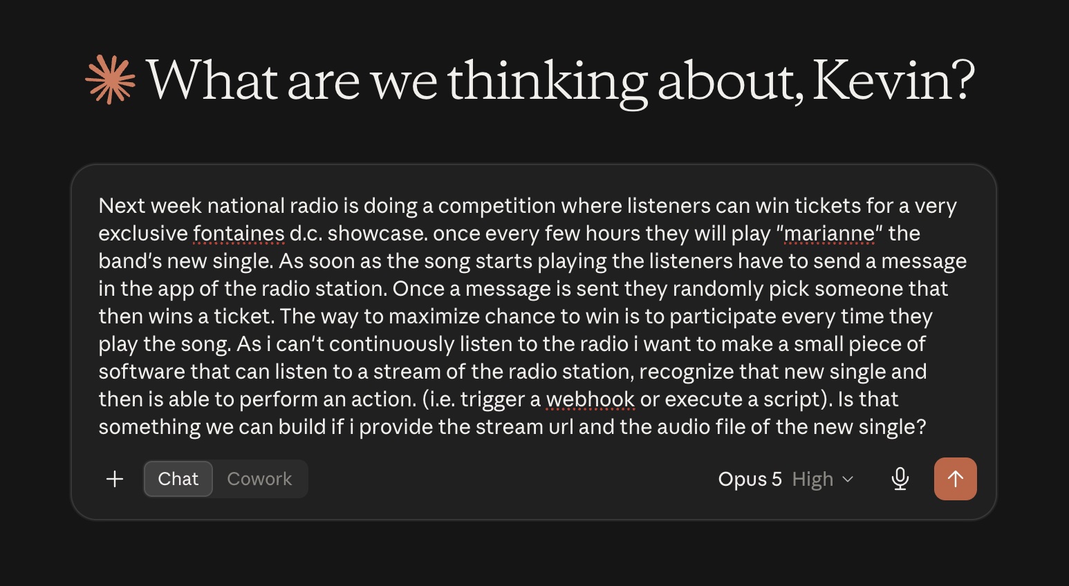 The prompt I sent to Claude Code, describing the radio competition and asking whether the app could be built from a stream URL and the audio file of the single